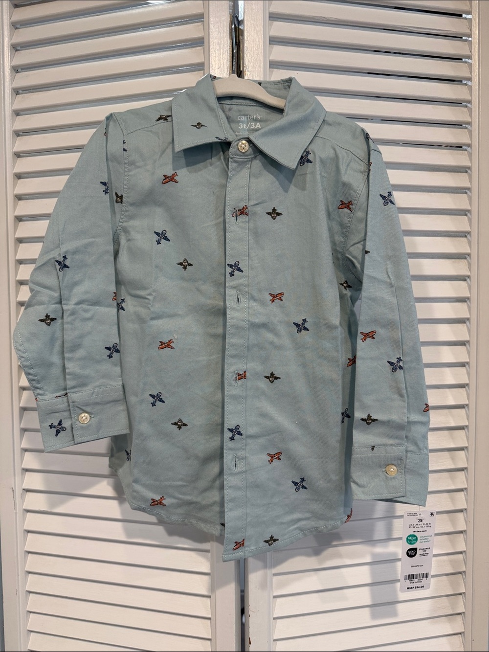 NWT Carter's Boys 3T Light Blue Button-Down Shirt with Airplane Print